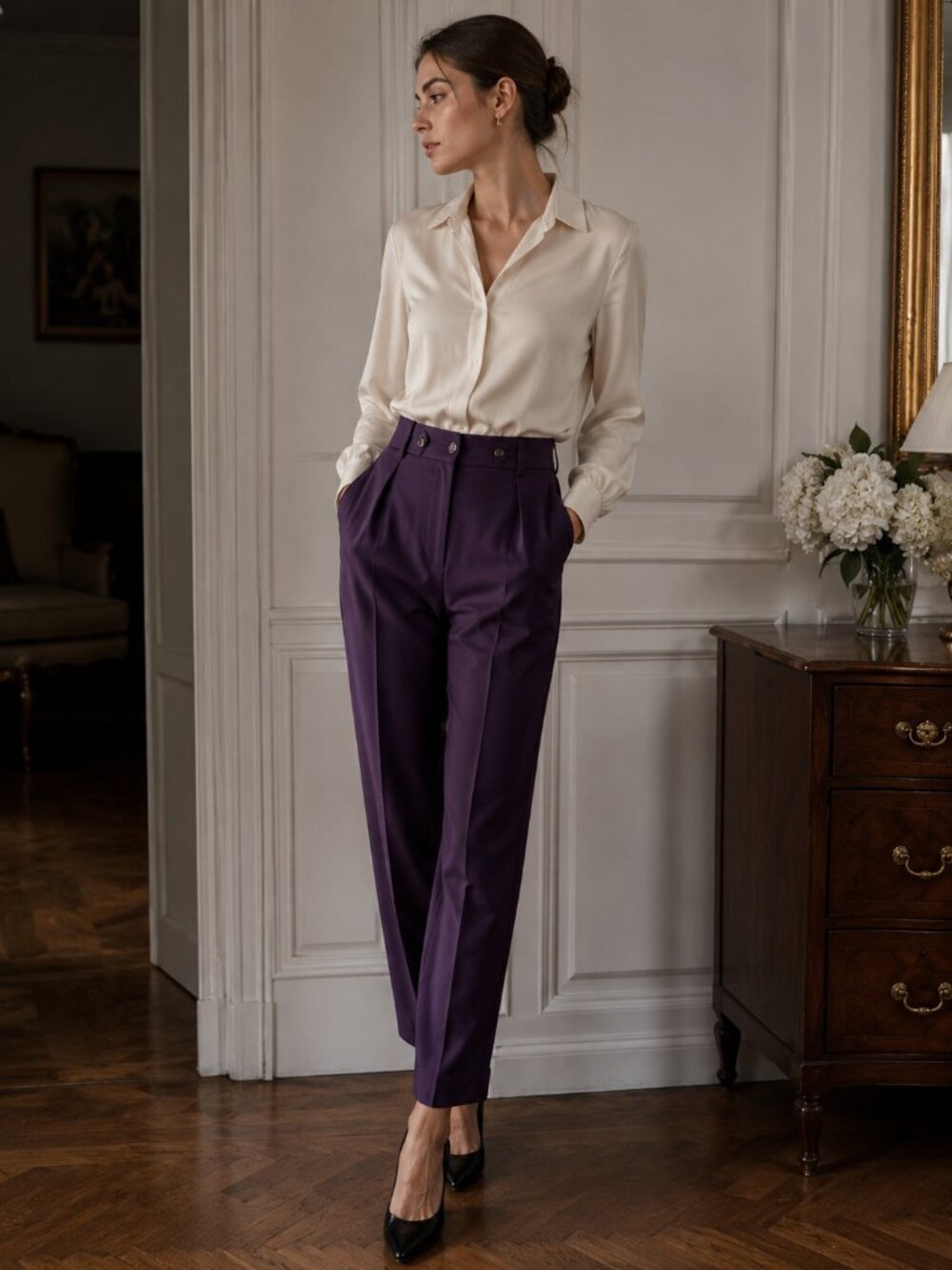 J. Peterman 100% Silk Purple Dress Pants Women’s Size 2 Lined Office Career Tape